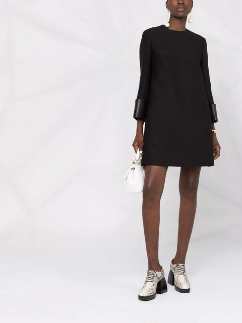 Valentino Garavani Leather-Trim Virgin Wool-Blend Dress