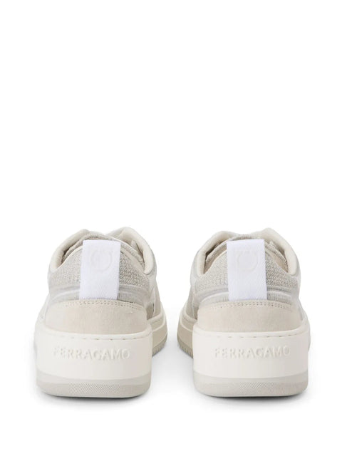 Ferragamo Mesh Suede Lace-Up Sneakers in White