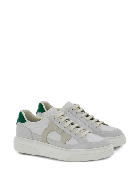 Ferragamo Gancini-Patch Calfskin Sneakers in White
