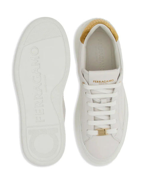 Ferragamo Wedge Logo-Patch Leather Sneakers in White