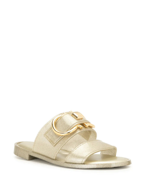Ferragamo Gancini Metallic Flat Sandals in Gold