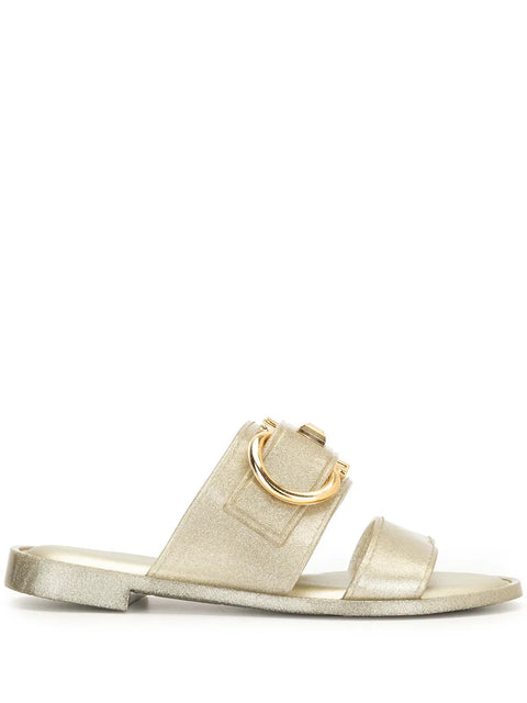 Ferragamo Gancini Metallic Flat Sandals in Gold
