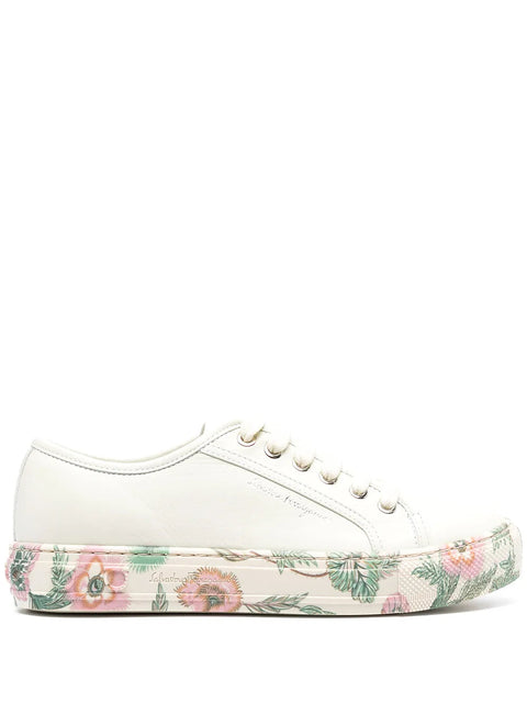 Ferragamo Floral-Trim Low-Top Sneakers in Neutrals