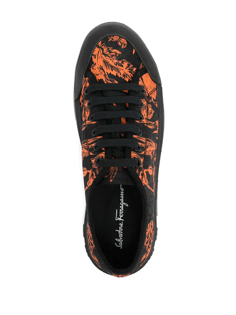 Ferragamo Pattern-Print Low-Top Lace-Up Sneakers in Orange