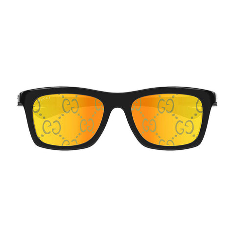 Gucci Sunglasses Rectangle Full Rim, Black with Green Frame and Yellow with Logo Orange Mirror Lens GG1735S005