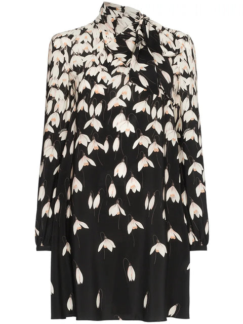 Valentino Garavani Floral Print Scarf Neck Silk Mini Dress