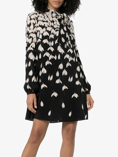 Valentino Garavani Floral Print Scarf Neck Silk Mini Dress