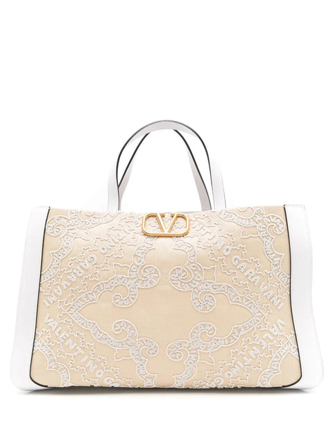 Valentino Garavani Vlogo Embroidered Raffia Tote Bag