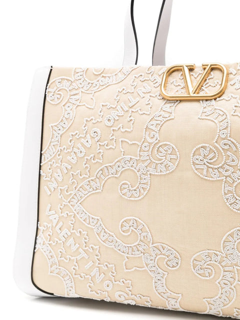 Valentino Garavani Vlogo Embroidered Raffia Tote Bag