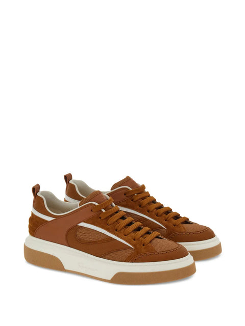 Ferragamo Quilted Panelled-Design Sneakers in Brown