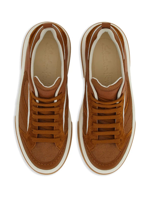 Ferragamo Quilted Panelled-Design Sneakers in Brown