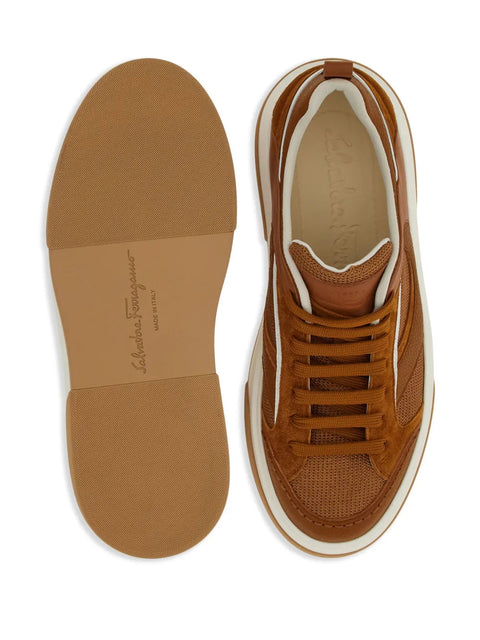 Ferragamo Quilted Panelled-Design Sneakers in Brown