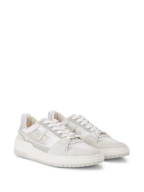 Ferragamo Mesh Suede Lace-Up Sneakers in White