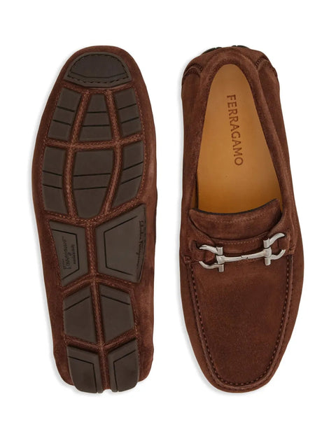 Ferragamo Gancini Suede Loafers in Brown