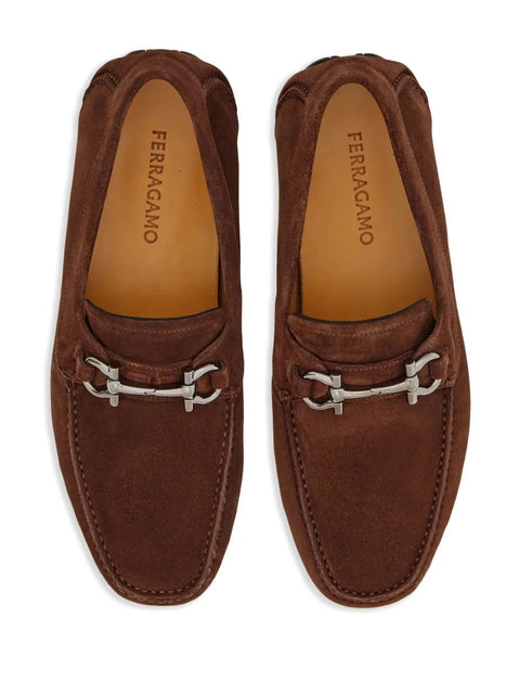 Ferragamo Gancini Suede Loafers in Brown