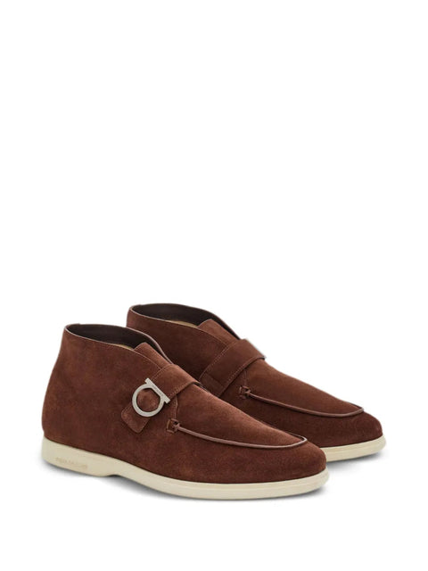 Ferragamo Gancini-Buckle Suede Boots in Brown