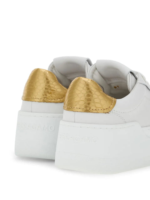 Ferragamo Wedge Logo-Patch Leather Sneakers in White