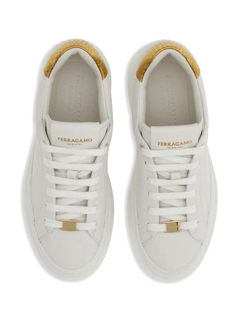 Ferragamo Wedge Logo-Patch Leather Sneakers in White