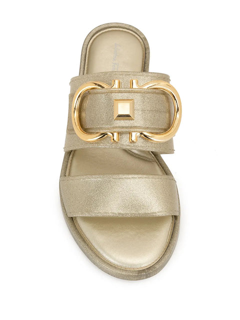 Ferragamo Gancini Metallic Flat Sandals in Gold