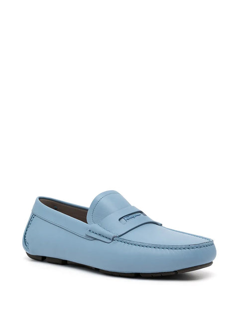 Ferragamo Round-Toe Leather Loafers in BLUE
