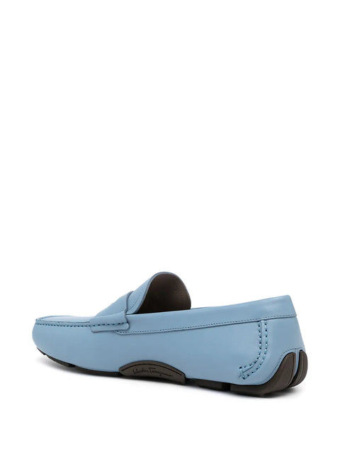 Ferragamo Round-Toe Leather Loafers in BLUE