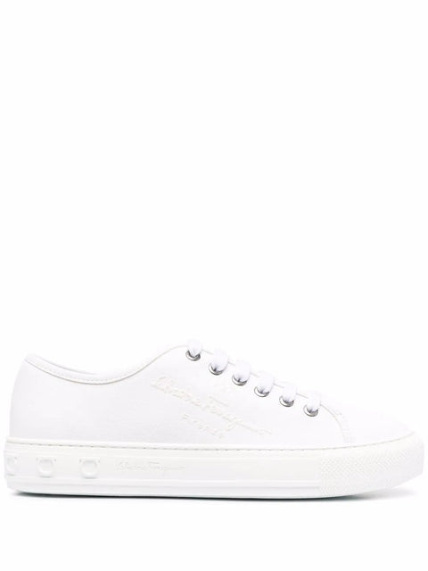 Ferragamo Embossed-Logo Low-Top Sneakers in White