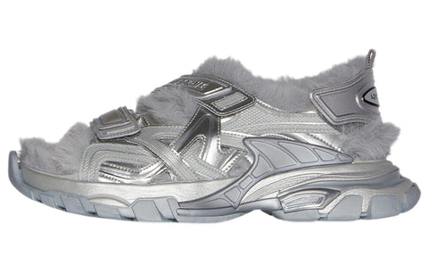 Balenciaga Faux Fur Rubber Mesh Track Sandals ' Metallic Grey'