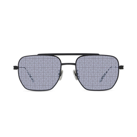 Givenchy Sunglasses Square Full Rim, Matte Black Frame and Grey with Silver Logo Patterned Mirror Lens GV40041U02C