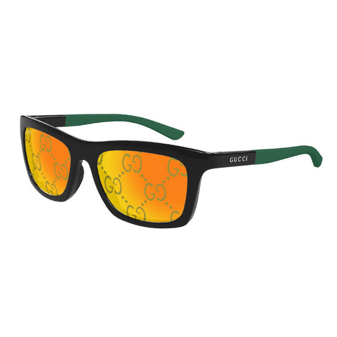 Gucci Sunglasses Rectangle Full Rim, Black with Green Frame and Yellow with Logo Orange Mirror Lens GG1735S005