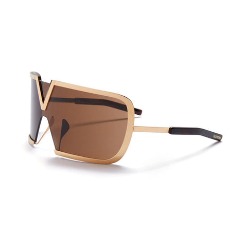 Valentino Sunglasses Shield Semi Rim, Light Gold Frame and Dark Brown AR Lens VLS-120B