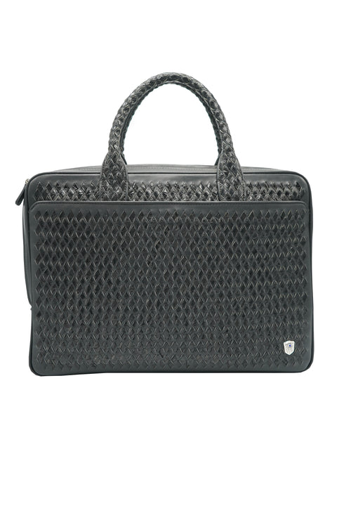 Tardini Woven Full-Grain Calfskin-Alligator Leather Briefcase Bag in Gray,Black