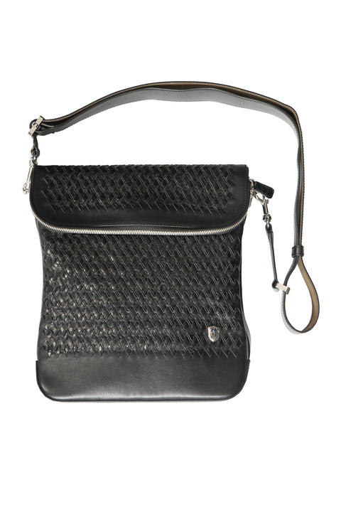 Tardini Woven Full-Grain Calfskin-Alligator Leather Messenger Bag in Black