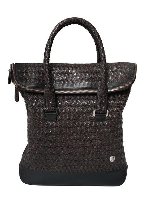 Tardini Woven Full-Grain Calfskin-Aligator Leather Vertical Briefcase Tote in Brown,Black