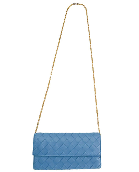 Bottega Veneta Intrecciato Leather Chain Wallet - Sky Blue