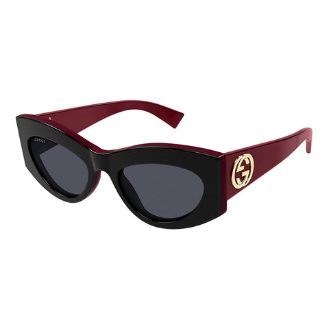 Gucci Sunglasses Cat Eye Full Rim, Shiny Black/Burgundy Frame and Grey Lens GG1843S006