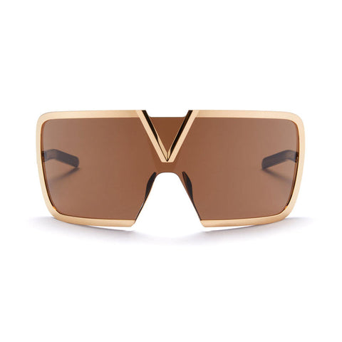 Valentino Sunglasses Shield Semi Rim, Light Gold Frame and Dark Brown AR Lens VLS-120B
