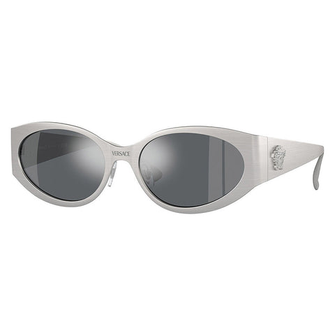 Versace Sunglasses Oval Full Rim, Matte Silver Frame and Light Grey Mirrored Black Lens VE226312666G