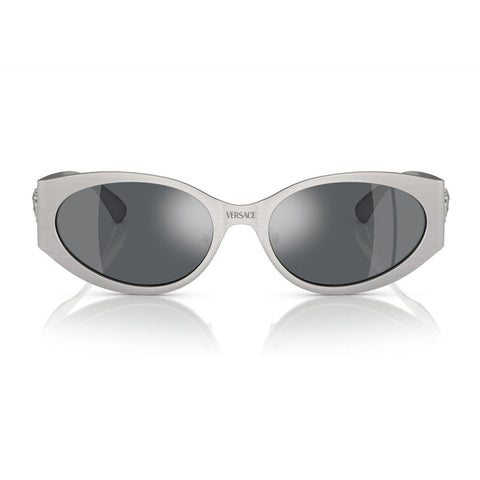 Versace Sunglasses Oval Full Rim, Matte Silver Frame and Light Grey Mirrored Black Lens VE226312666G